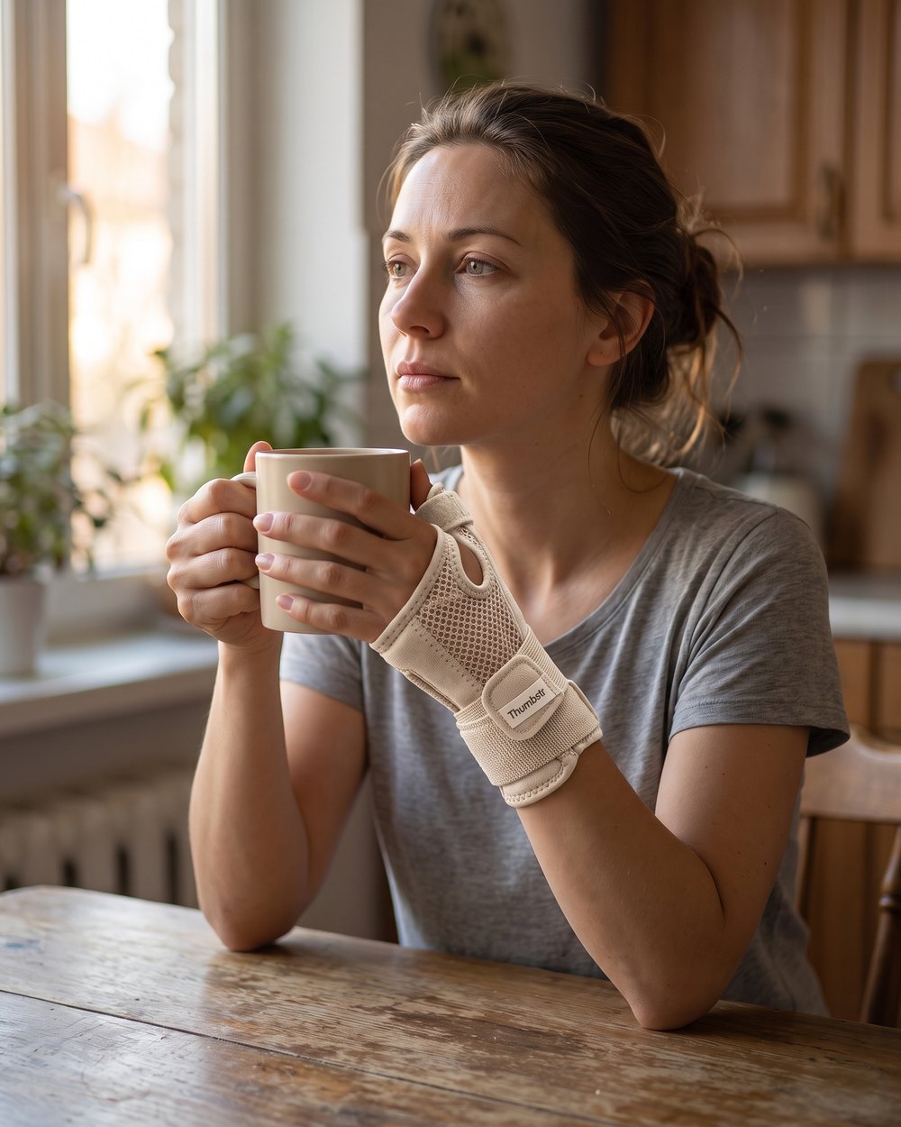 Frau sitzt mit einer Tasse am Küchentisch und trägt die Thumbstr Stütze